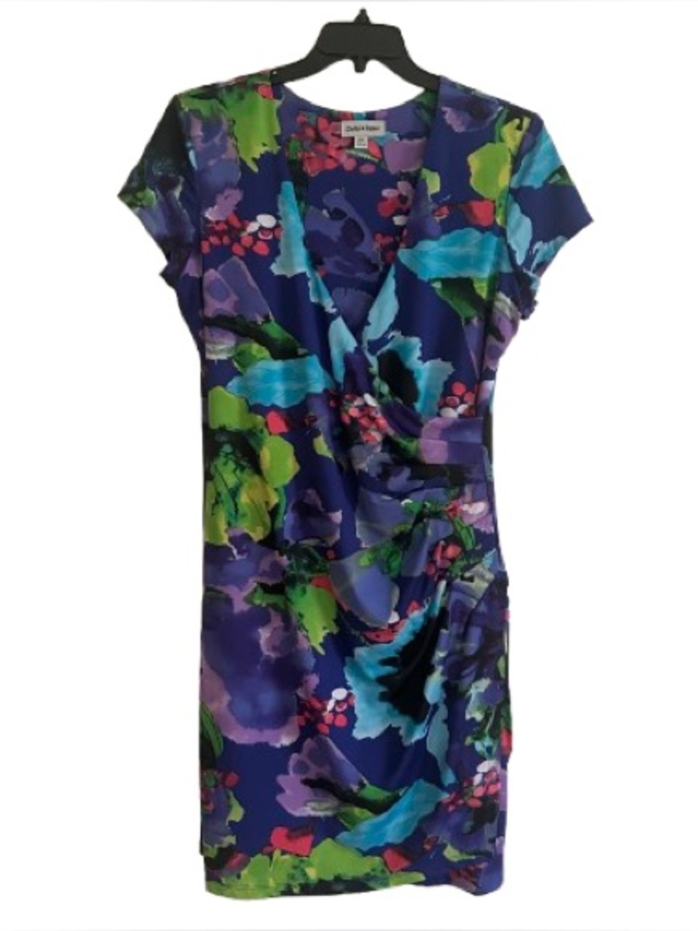 Shelby & Palmer Dress Purple Pink Blue Floral Cap Sleeve Faux Wrap Ruched XL - Picture 15 of 15